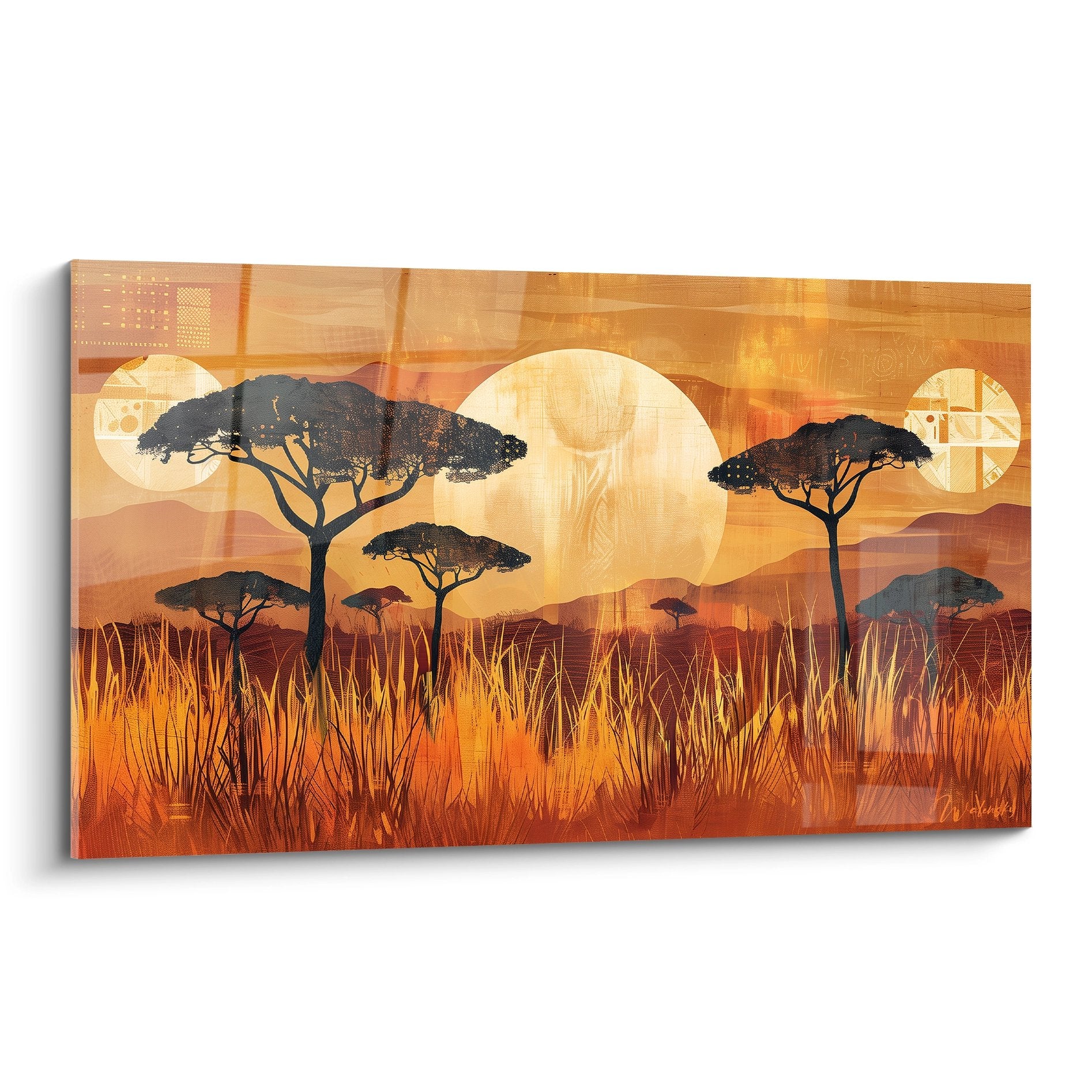 Tableau savane africaine tons dorés acacias cercles géométriques herbes stylisées paysage moderne