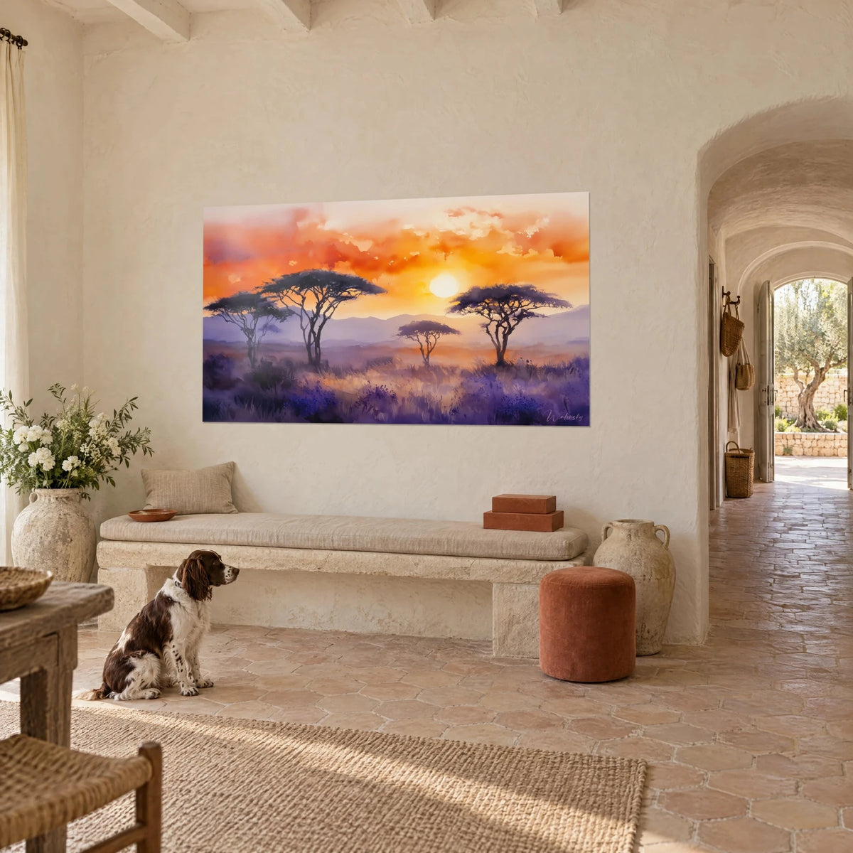 Cuadro de atardecer africano, cielo azafrán y coral, hierbas lavanda, un spaniel sentado frente al banco de un mas provenzal