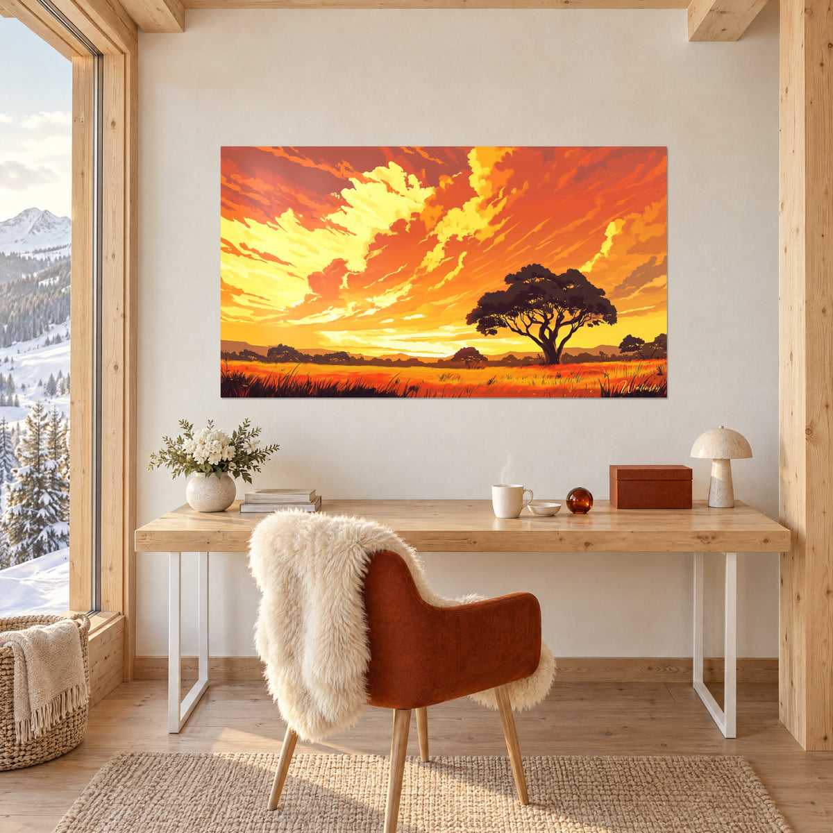 Quadro pianura ardente con acacia scura, cielo zafferano e rosso ramato, sopra una scrivania chiara vicino a una finestra