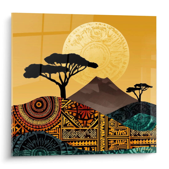 Quadro savana africana con paesaggio colorato, montagne e albero sagomato in stile artistico