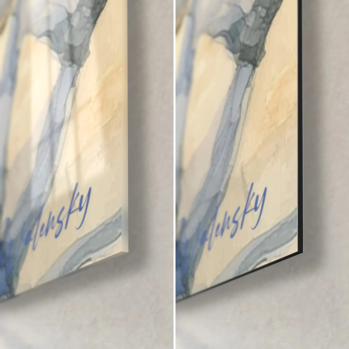 Wall art watercolor savanna, bottom right corner: glossy acrylic glass with reflections and matte Dibond aluminium, grey-blue waves, signature, 3 mm thickness