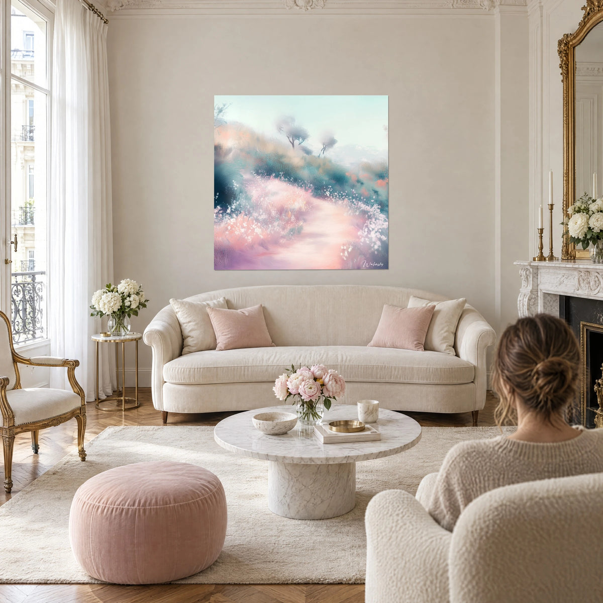 Quadro di un sentiero rosa cipria che serpeggia tra erbe di salvia e fiori bianchi, sopra un divano in un soggiorno luminoso