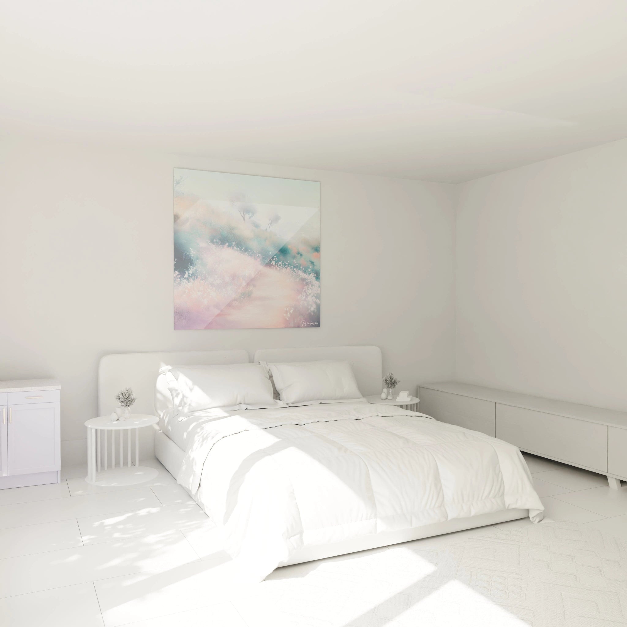 Un tableau paysage contemplatif illustrant des montagnes brumeuses en couches successives, surplombées par un soleil doré et ponctuées d'arbres africains. Les couleurs beige, rose et vert se fondent harmonieusement dans une texture vaporeuse et délicate.
