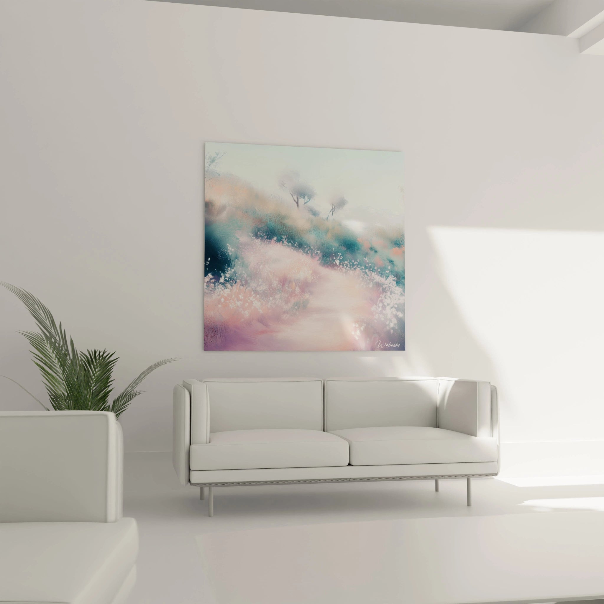 Un tableau paysage aux lignes épurées montrant un horizon montagneux avec des arbres typiques de savane. La composition en strates révèle des transitions douces entre beige doré, rose pastel et vert turquoise, créant un effet de profondeur sur une surface texturée.
