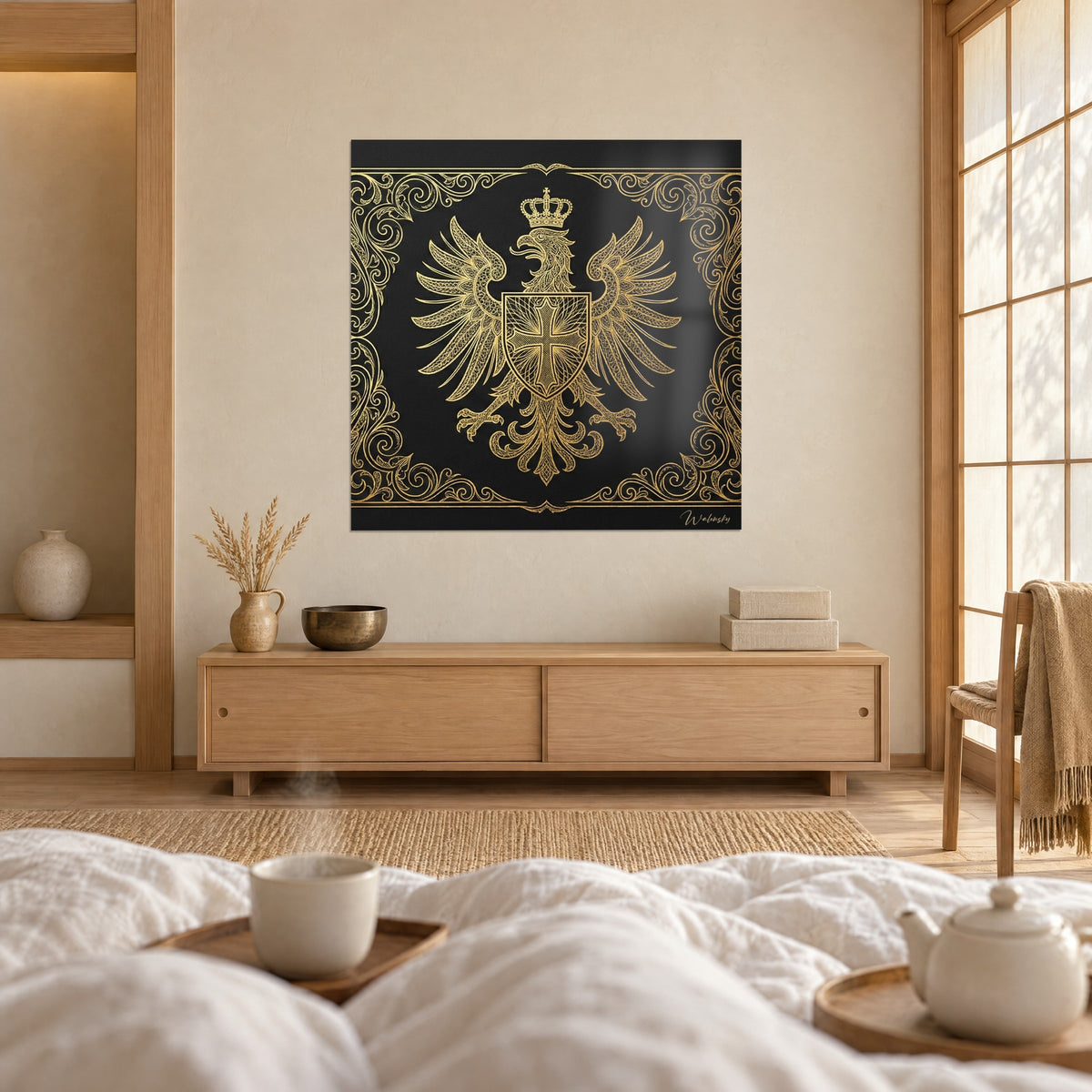 Quadro Emblema imperiale con ali spiegate, tratti dorati su fondo nero, sopra un letto in una camera luminosa