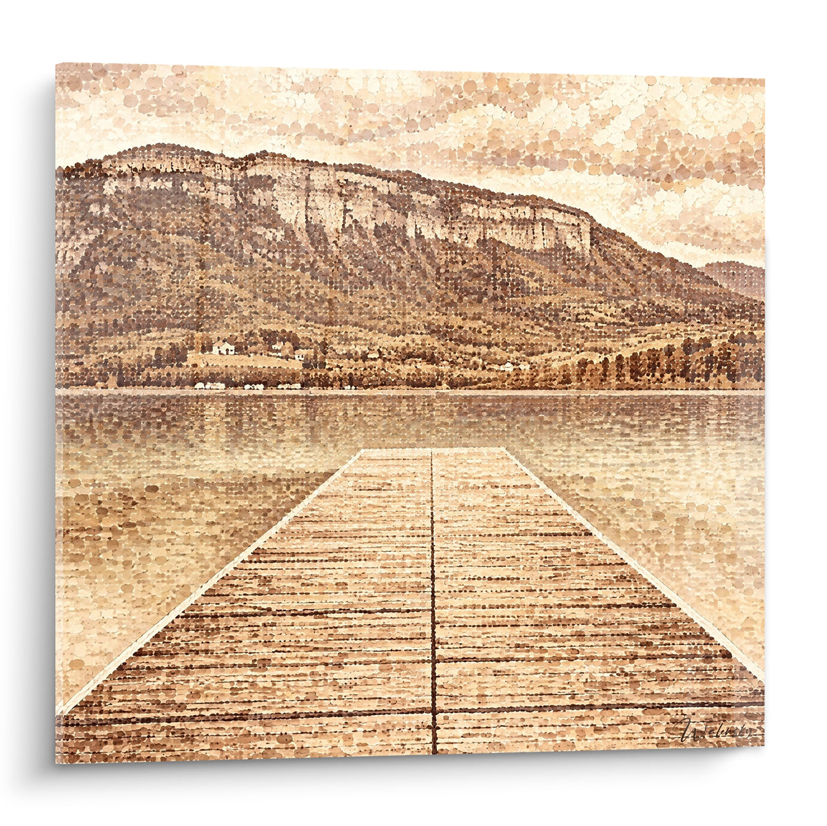 Ponton de bois beige face à une falaise brune, tableau pointilliste d'un lac de Savoie au calme
