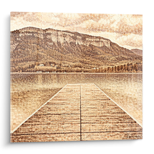 Pontoon Lakeside with Sepia Mountains Painting - Suspended Moment - Savoie Auvergne-Rhône-Alpes France Edition