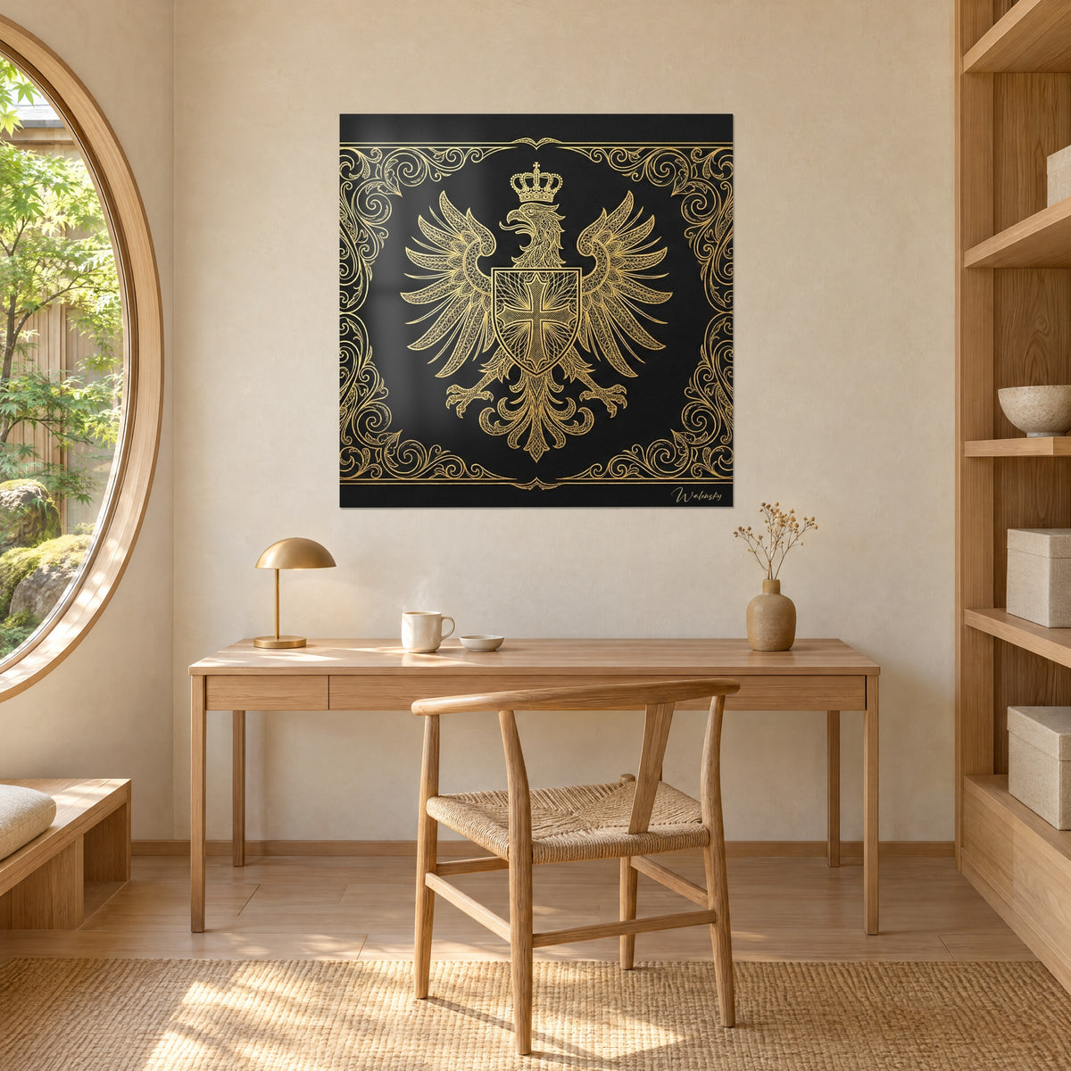 Quadro Uccello reale e scudo a croce, pizzo dorato su nero, appeso sopra una scrivania in rovere chiaro