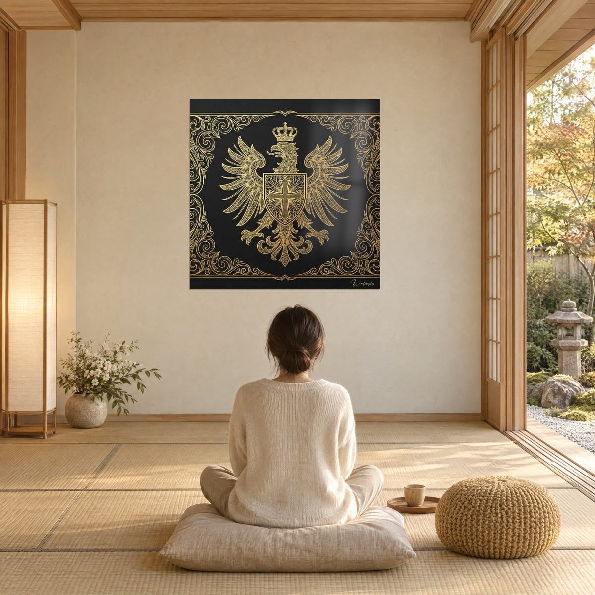 Quadro Scudo dorato con corona di perle, sfondo nero e volute d'oro, una donna seduta di spalle su un cuscino beige