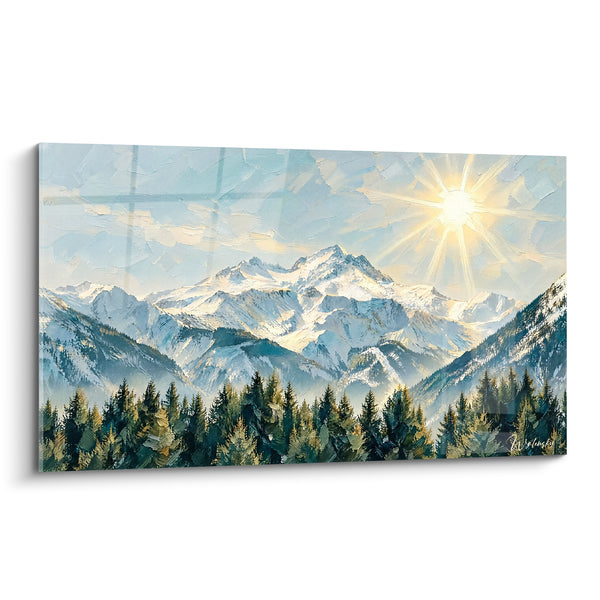 Tableau Massif enneigé aux sapins verts et soleil éclatant - Lumière des cimes - Edition Savoie Auvergne-Rhône-Alpes France