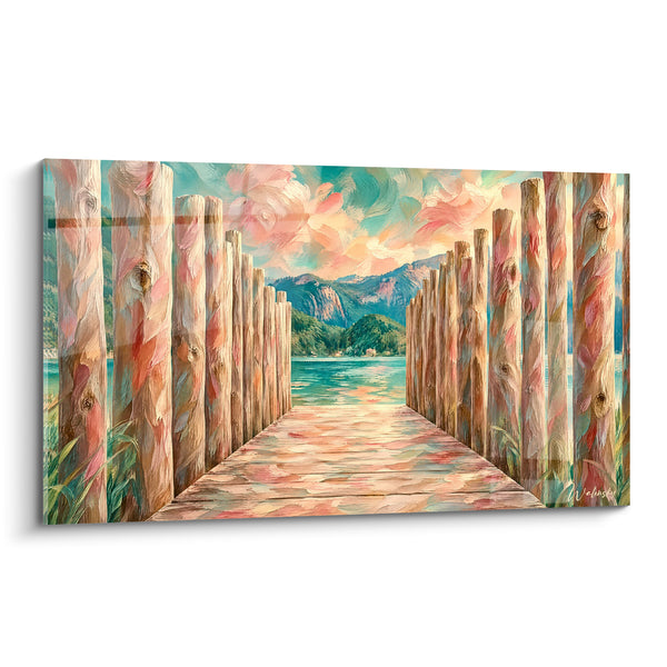 Schilderij Ponton Houten Roze en Turquoise - Meerlandschap - Editie Savoie Auvergne-Rhône-Alpes Frankrijk