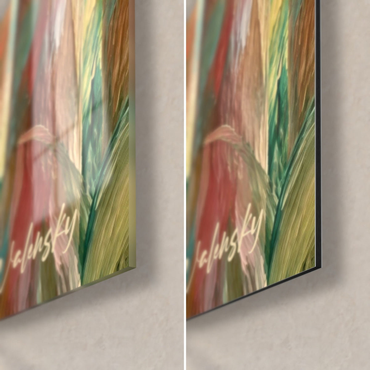 Schilderij brug over een meer in roze en turquoise schilderij, rechter onderhoek: glanzend acrylglas links, mat Dibond-aluminium rechts, zwarte rand