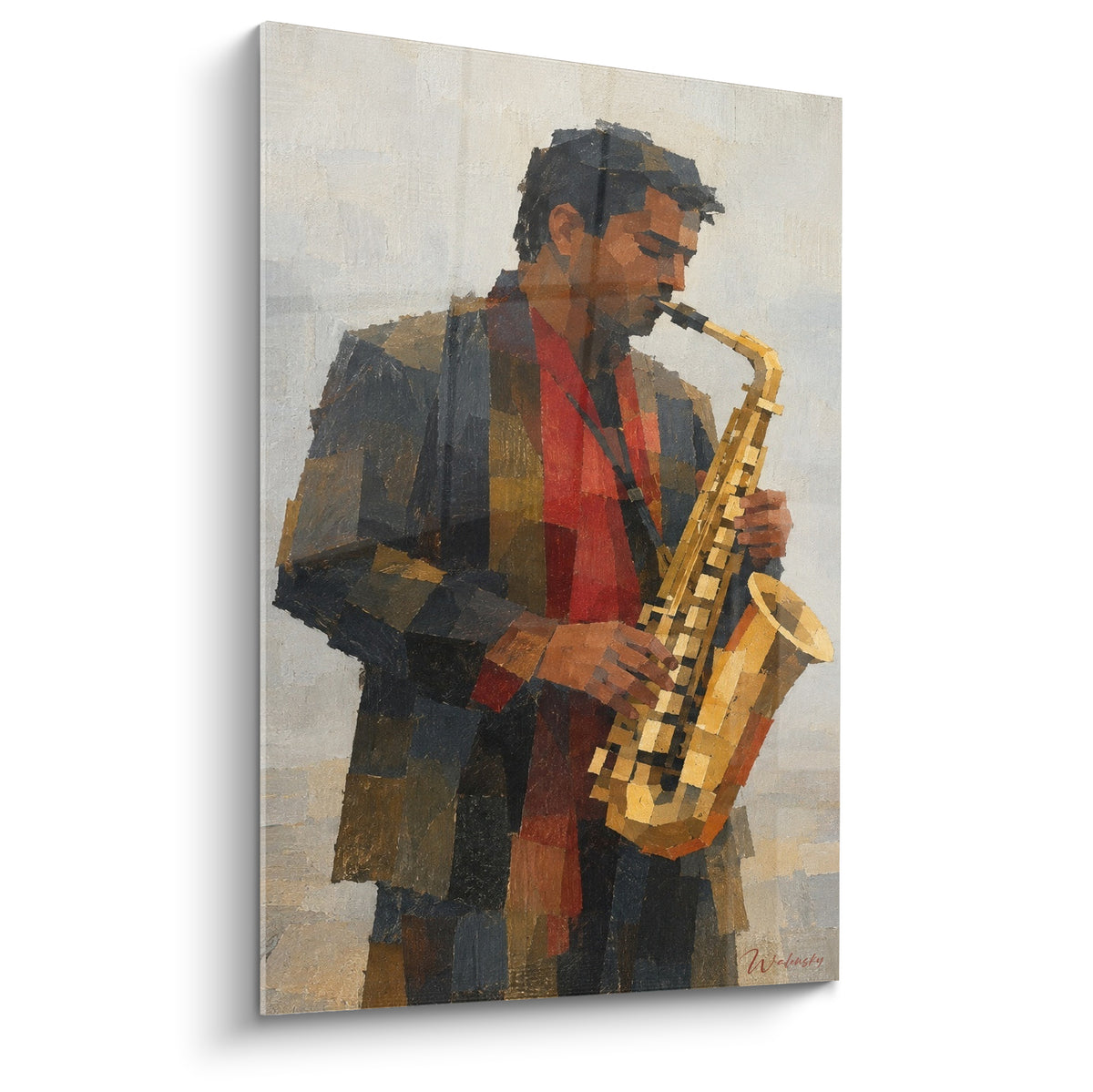 Tableau saxophoniste en veston anthracite et écharpe rouge jouant d'un saxophone doré, touches cubistes