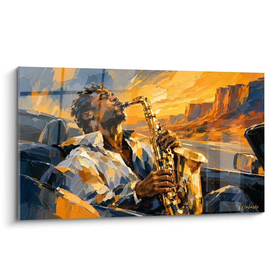 Tableau Saxophoniste doré au désert orangé - Évasion en cabriolet - Edition Saxophone
