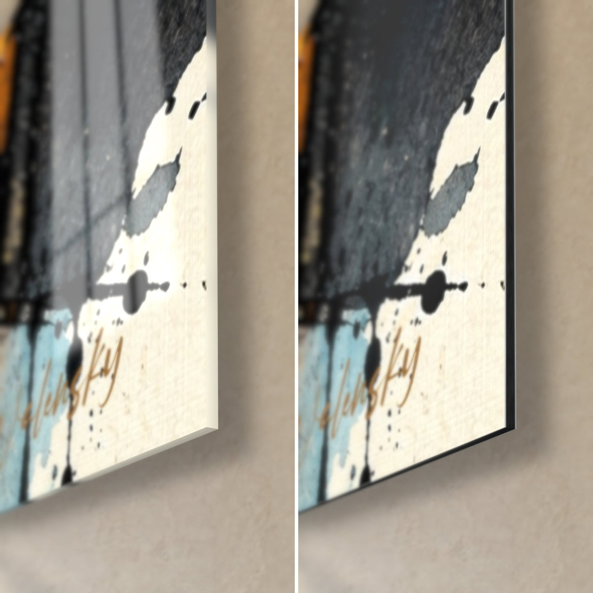 Tableau musicien au chapeau noir, coin bas droit : éclaboussures ocre et bleu pâle, verre acrylique brillant à gauche, Dibond mat à droite