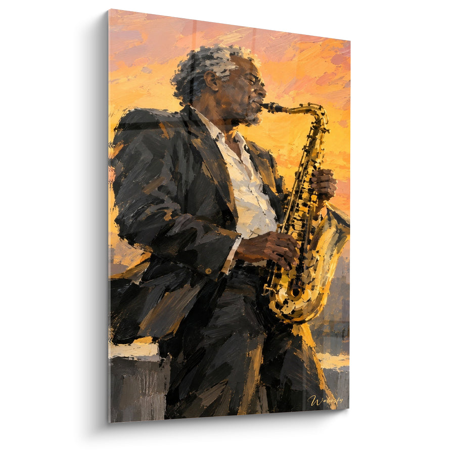 Tableau Musicien en costume noir et doré - Solo du crépuscule - Edition Saxophone
