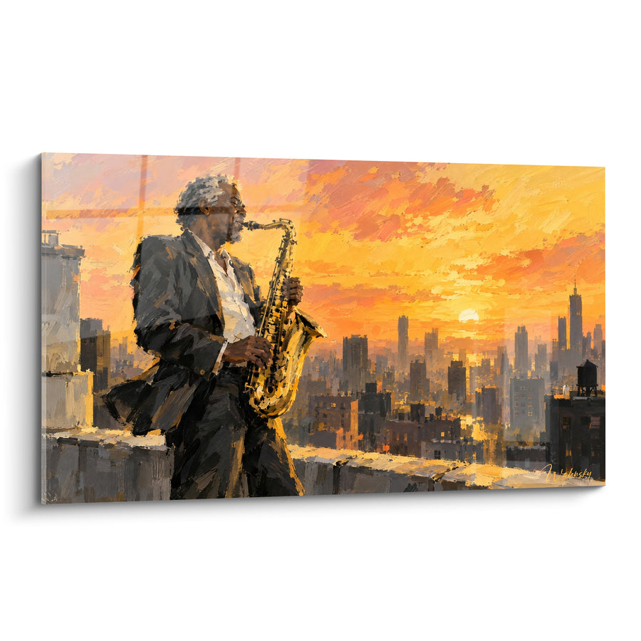 Tableau Musicien gris et orange face à la ville - Panorama urbain embrasé - Edition Saxophone