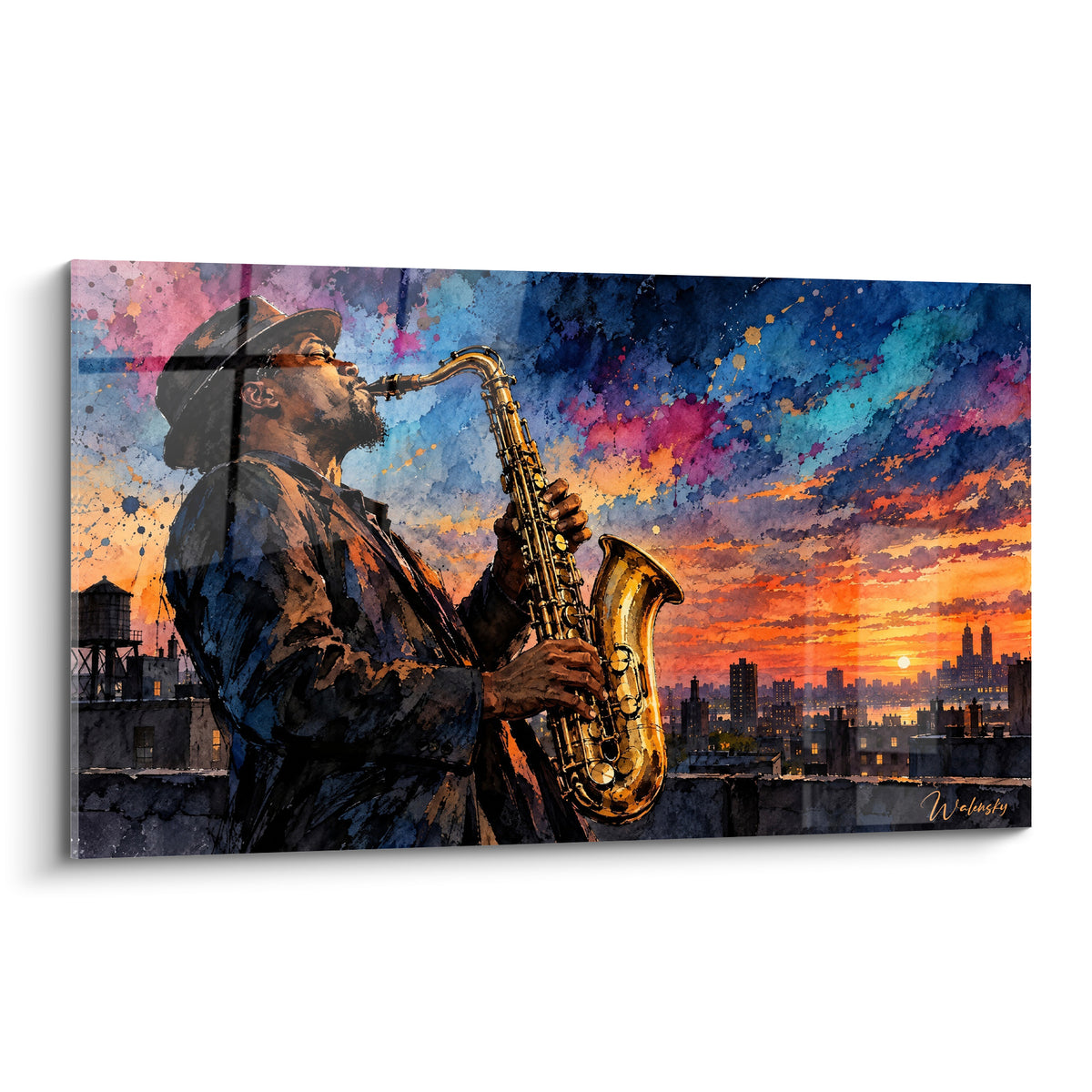 Tableau saxophone joué par un homme en silhouette, ciel orange et bleu marine éclaboussé