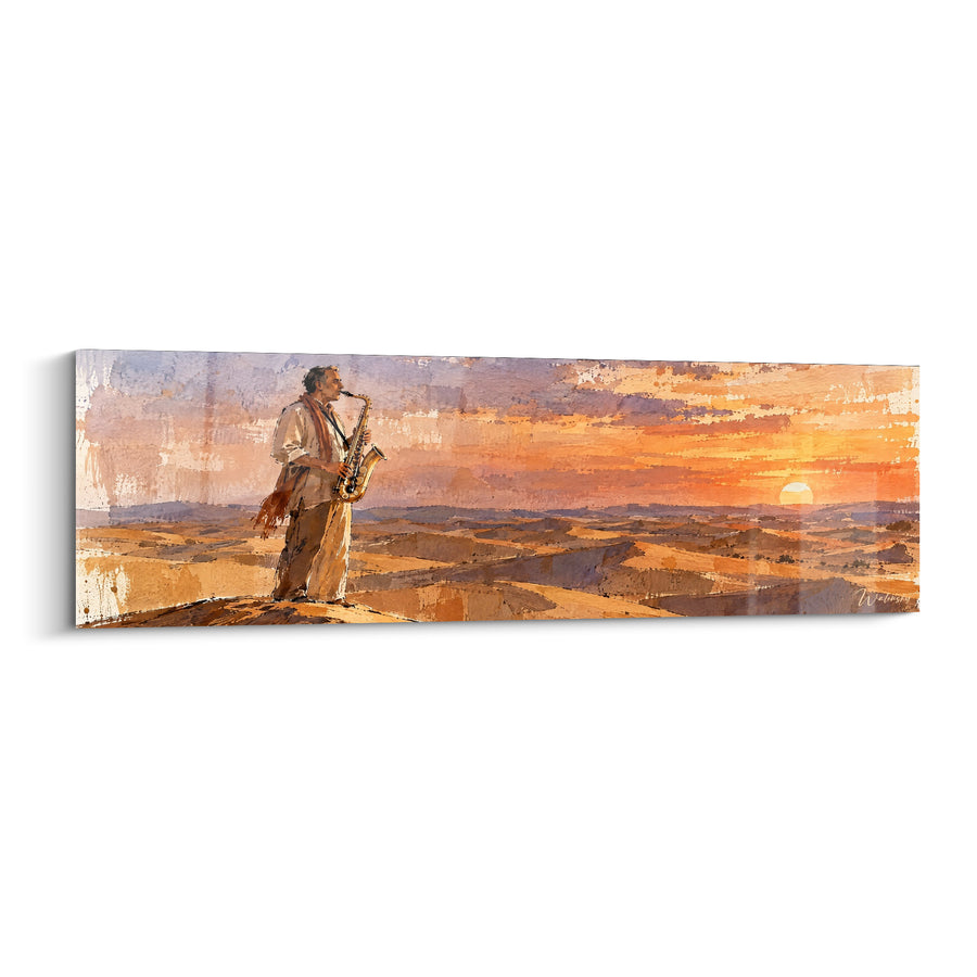 Tableau Musicien ocre et mauve sur colline vallonnée - Collines au soleil levant - Edition Saxophone