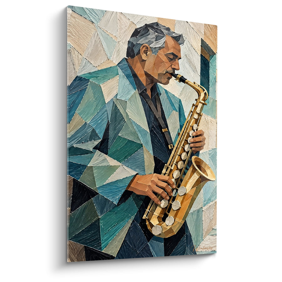 Tableau Musicien cubiste en costume turquoise doré - Souffle fragmenté - Edition Saxophone