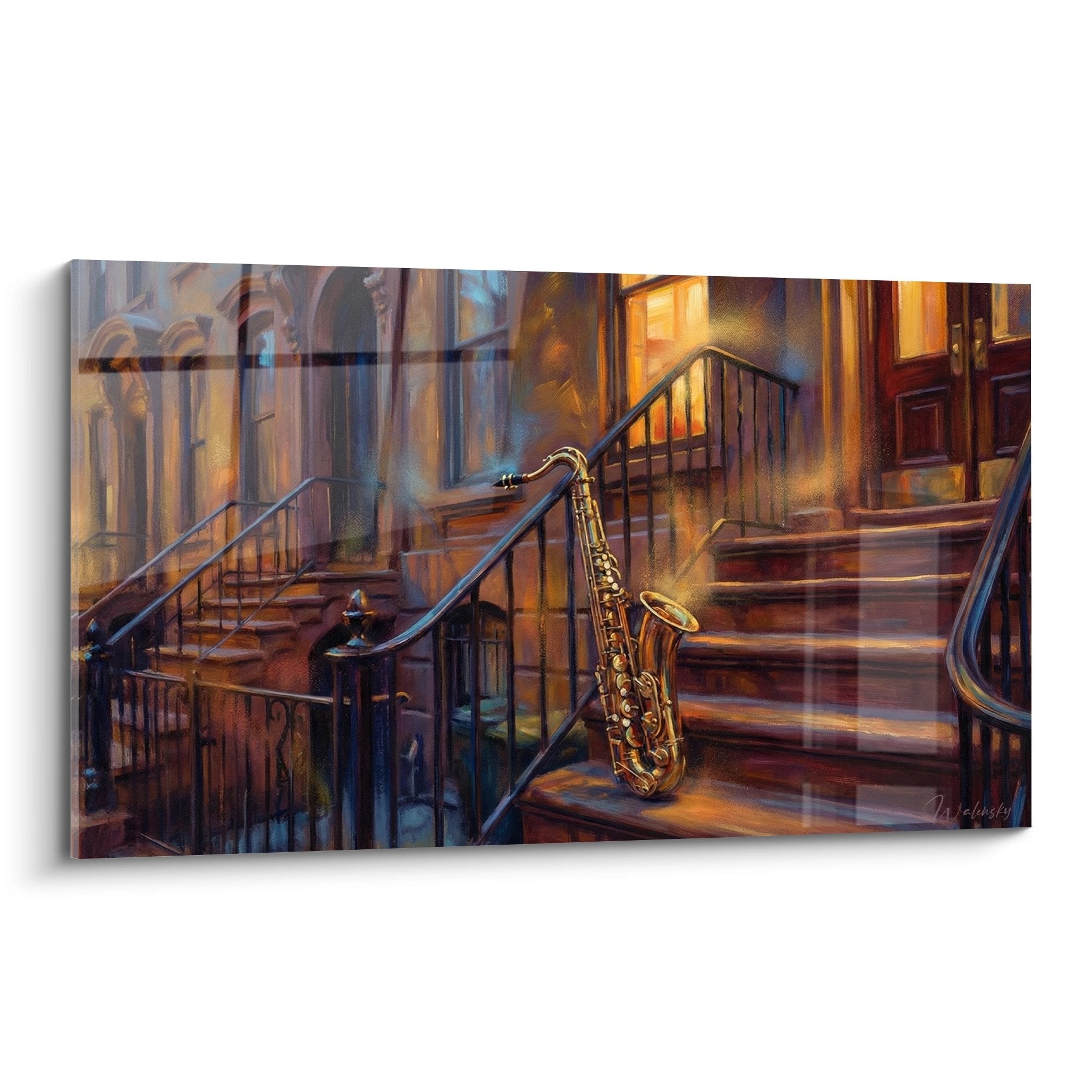 Tableau saxophone doré sur marches brownstone tons chauds ambiance jazz urbaine Manhattan