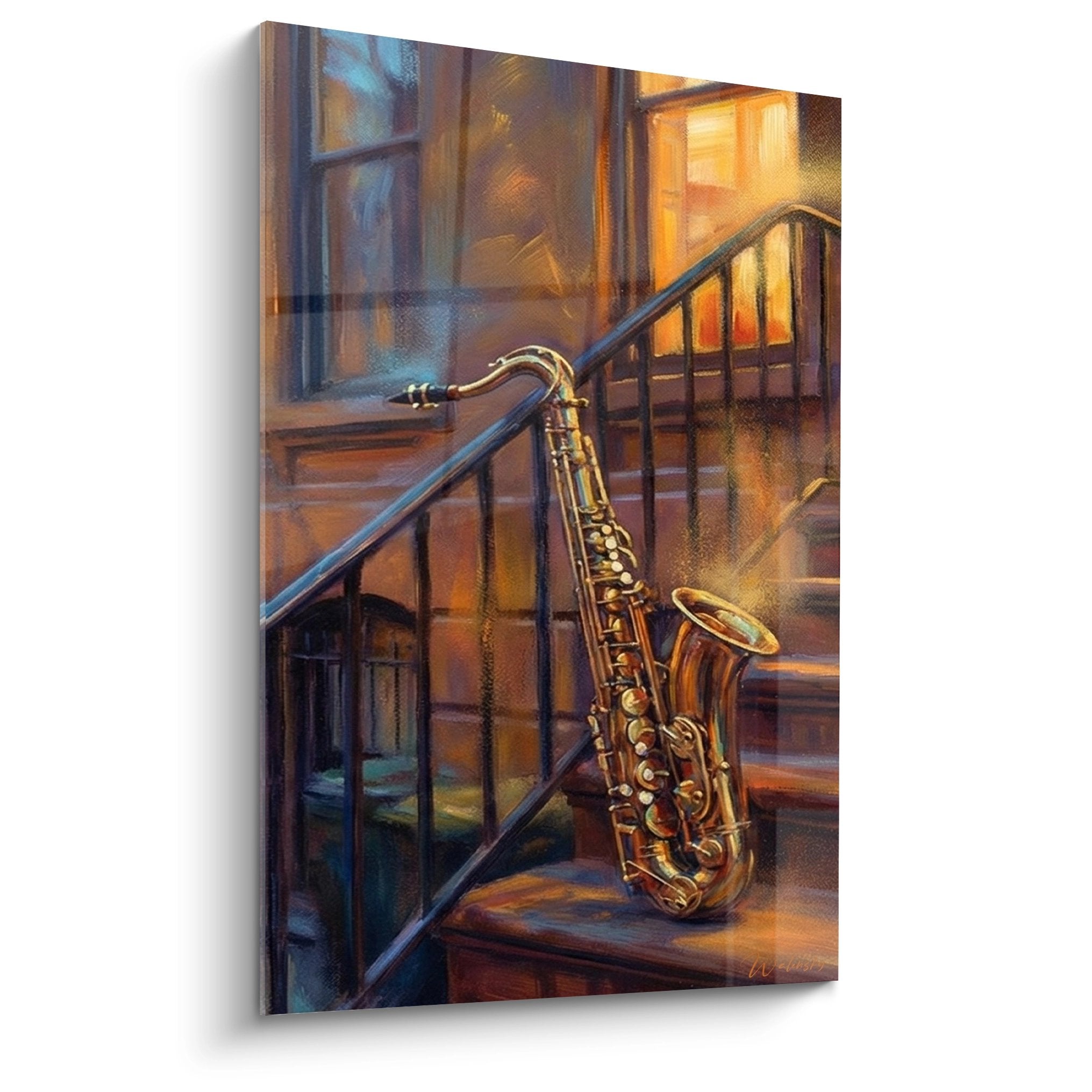 Tableau saxophone dore escalier urbain tons oranges bleus ambiance jazz nocturne Manhattan