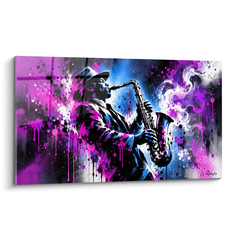 Tableau Saxophoniste noir aux volutes magenta et bleues - Chapeau feutre incliné - Edition Saxophone
