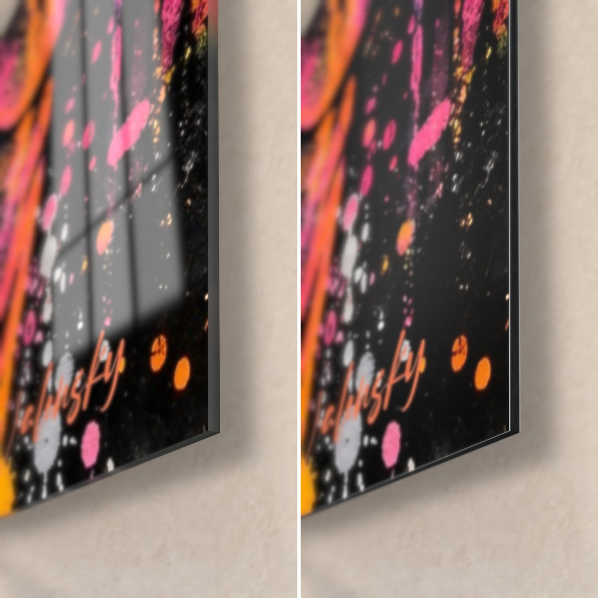 Tableau danseuse en robe fuchsia, coin bas droit : gouttes orange et roses sur noir, verre brillant à gauche et Dibond mat à droite