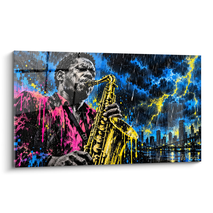Tableau Musicien jaune et rose sur fond d'orage - Solo sous l'orage - Edition Saxophone