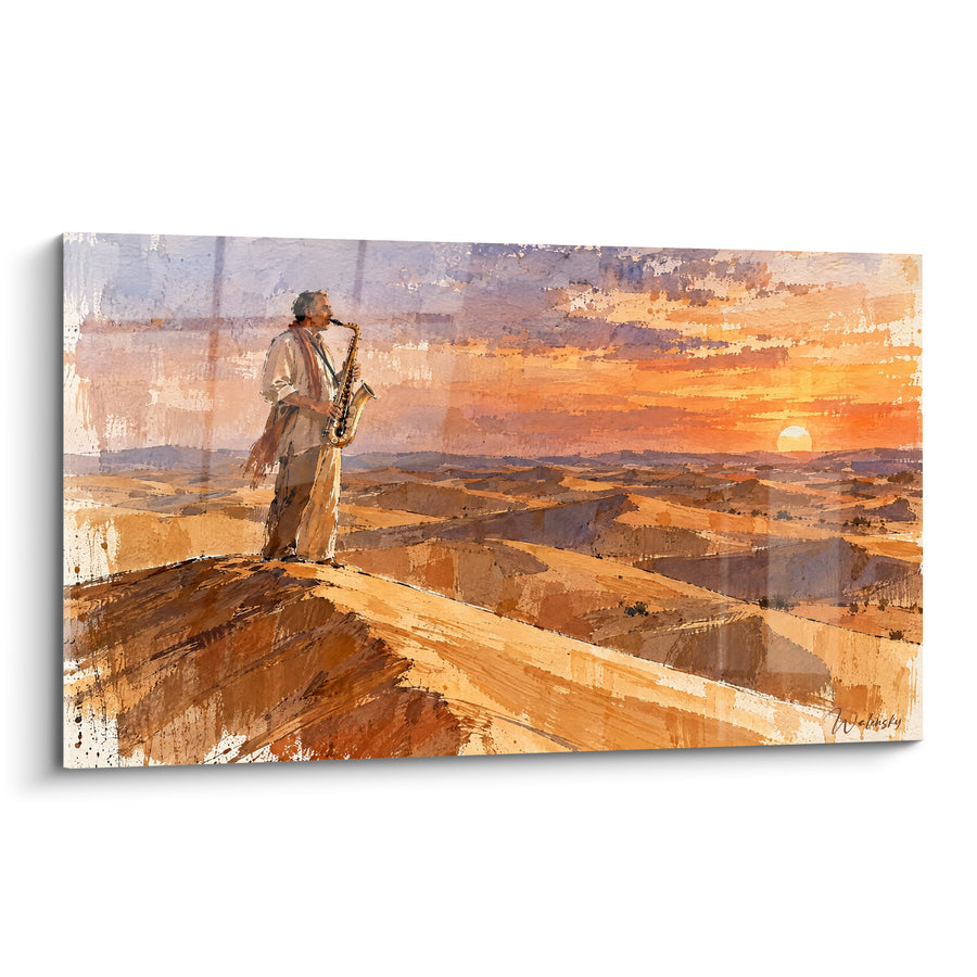 Tableau Musicien ocre et orangé sur une dune - Solitude du crépuscule - Edition Saxophone