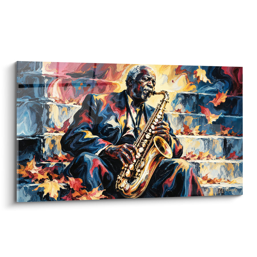 Tableau Saxophoniste assis sur escalier bleu et doré - Mélodie d'automne - Edition Saxophone