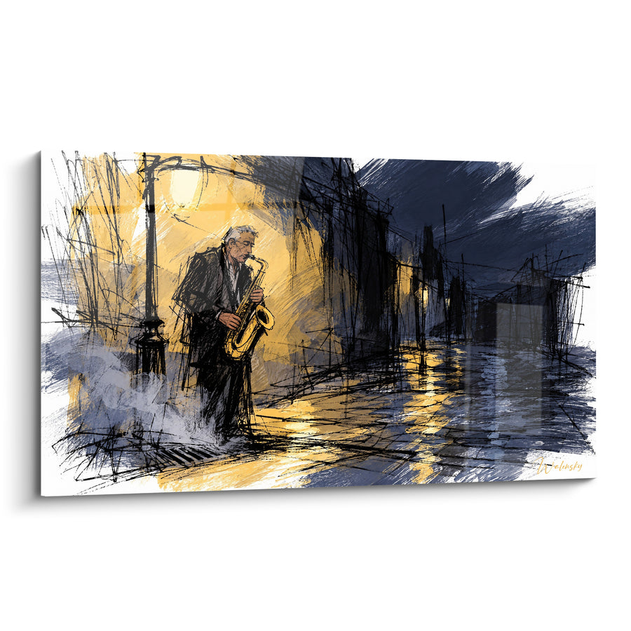 Tableau Musicien de rue sous réverbère doré - Nocturne urbaine - Edition Saxophone