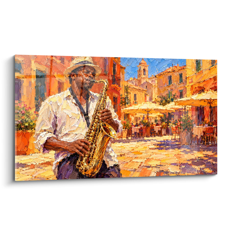 Tableau Musicien chapeau de paille place ensoleillée - Mélodie de rue - Edition Saxophone