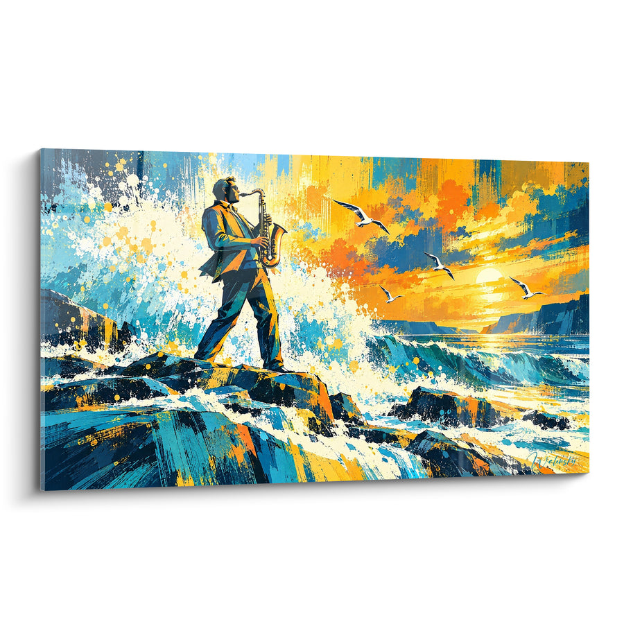 Tableau Saxophoniste sur rochers bleus et dorés - Souffle face à l'écume - Edition Saxophone