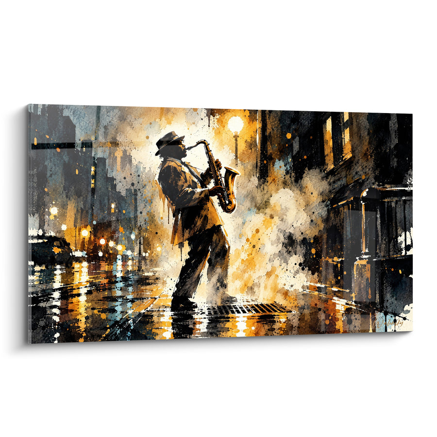 Tableau Musicien doré sous pluie nocturne - Nocturne solitaire - Edition Saxophone