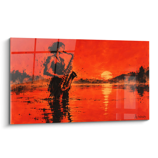 Tableau Saxophoniste silhouettée dans un lac rouge - Mélodie du crépuscule - Edition Saxophone