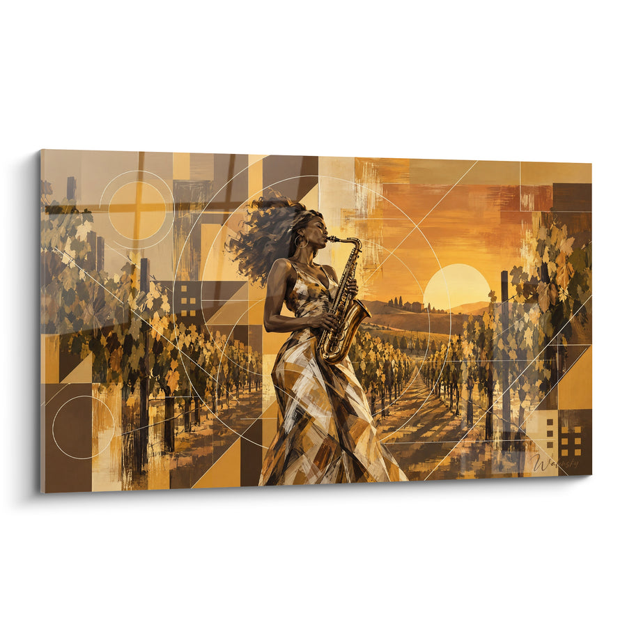 Tableau Musicienne en robe dorée dans les vignes - Mélodie vespérale - Edition Saxophone