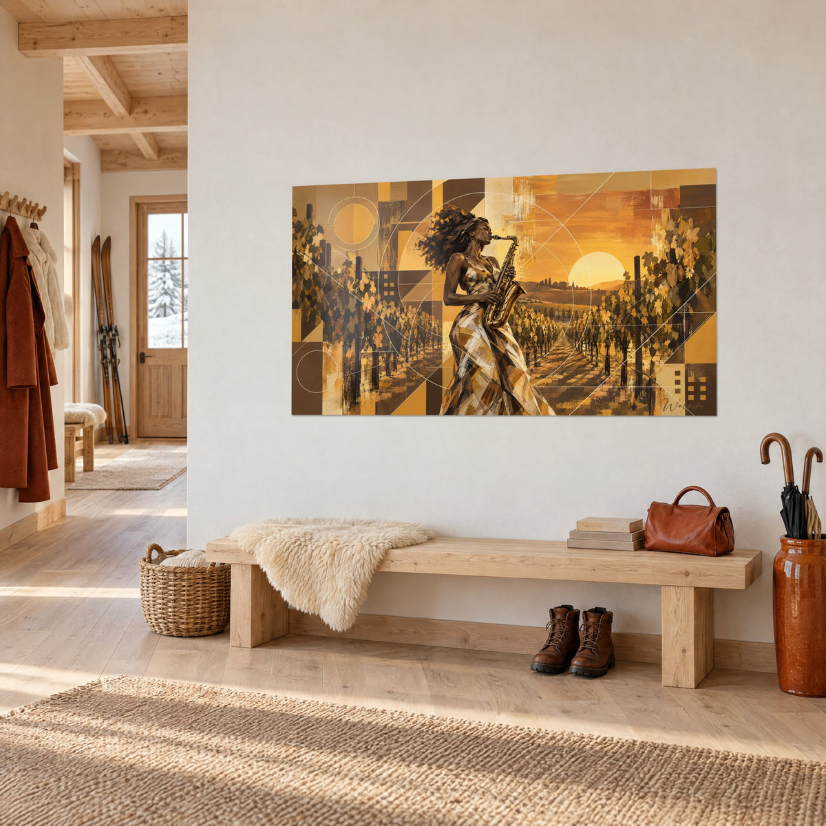 Tableau musicienne aux boucles agitées par le vent, saxophone laiton, ciel orangé et vignes brunes, sur un mur blanc du chalet, vue de trois-quarts