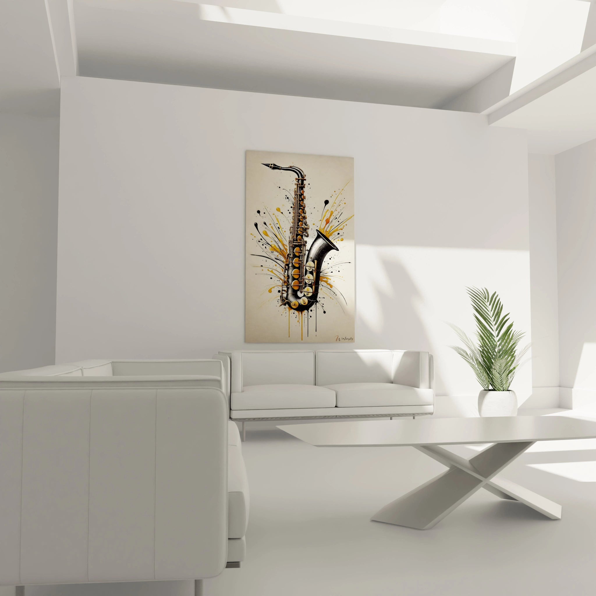 Vue d’ensemble d’un tableau musique abstrait, mettant en avant un saxophone entouré d’éclats dorés dans un salon moderne.
