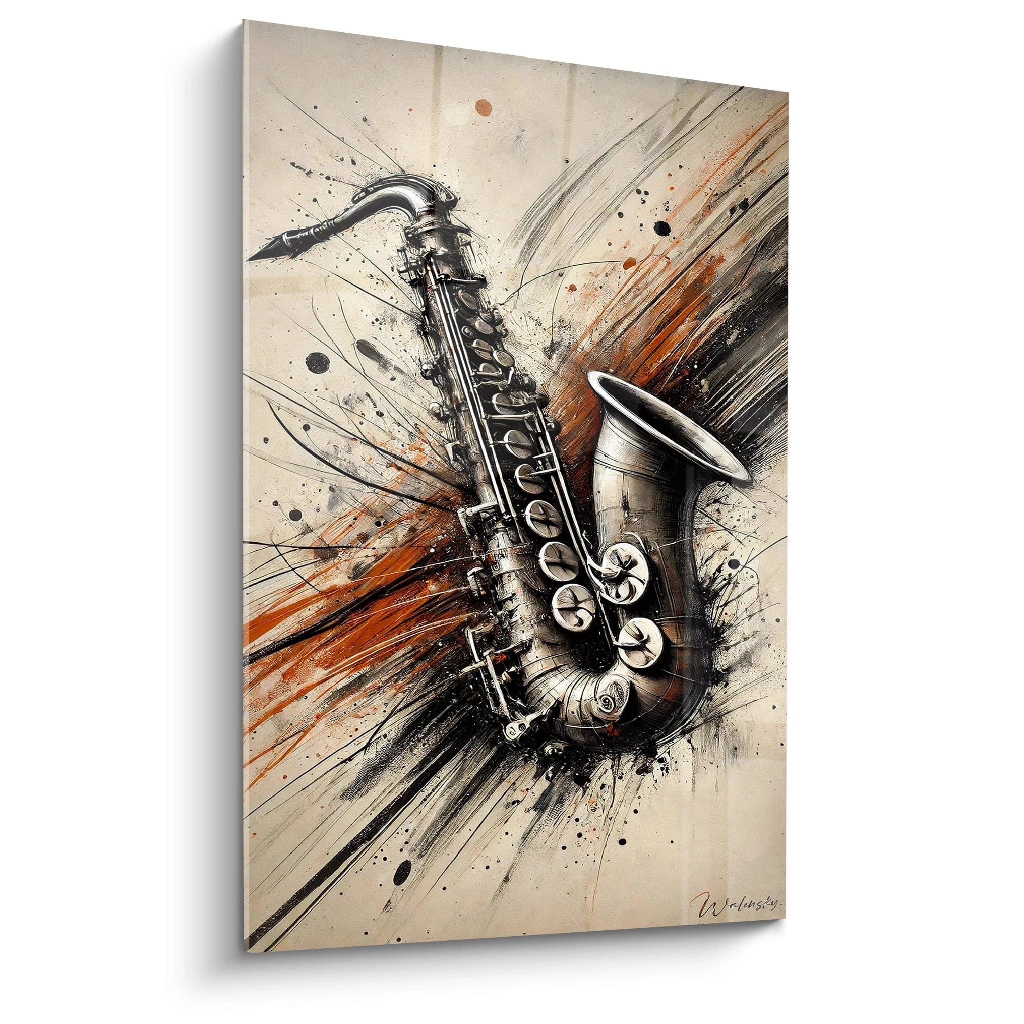 Un tableau musique abstrait vibrant, représentant un saxophone avec des éclaboussures orange et noires dynamiques.
