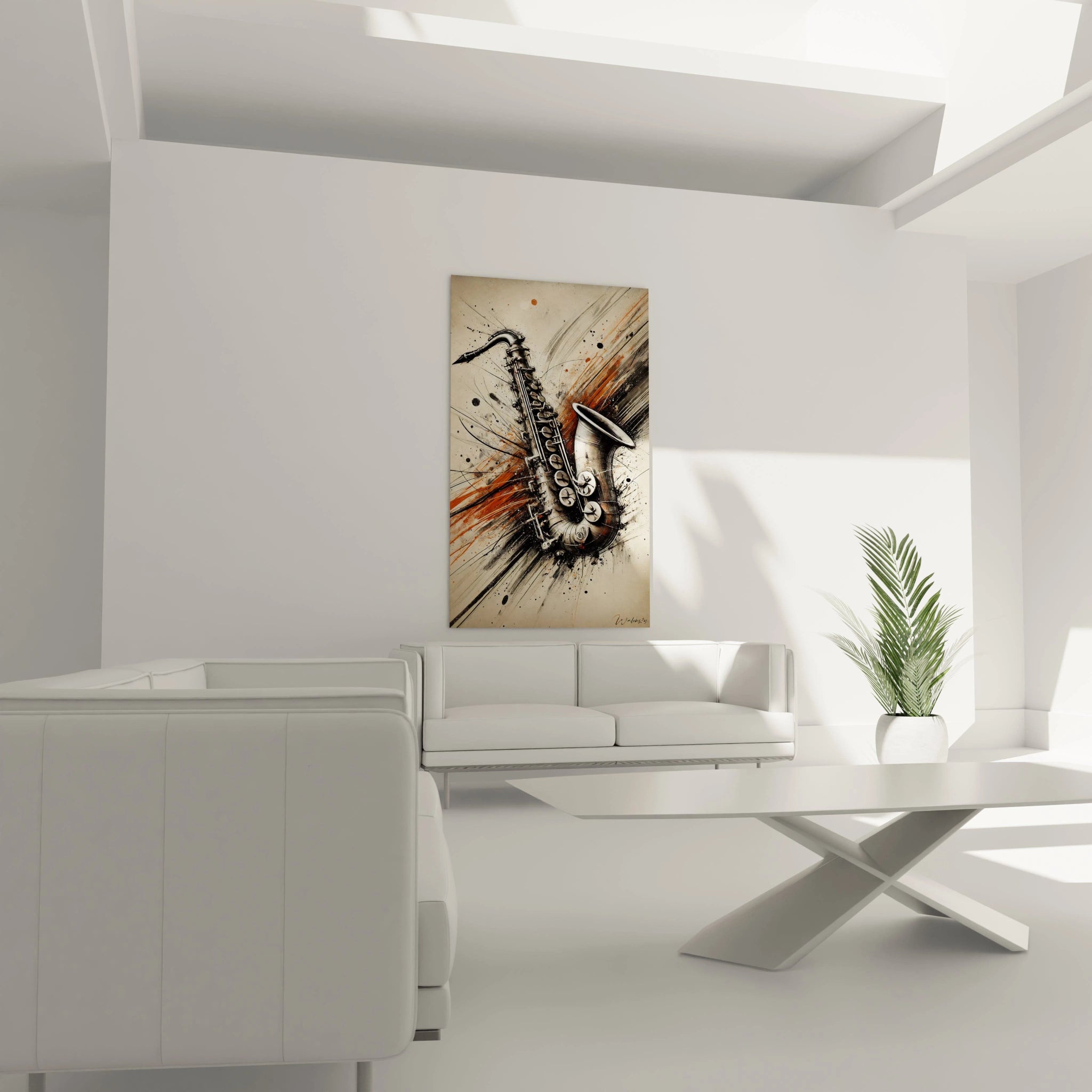 Focus sur les textures d’un tableau musique abstrait, avec des traits métalliques et des éclaboussures lumineuses.
