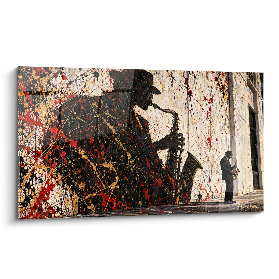 Tableau Saxophoniste à l'ombre rouge et or - Souffle de la rue - Edition Saxophone