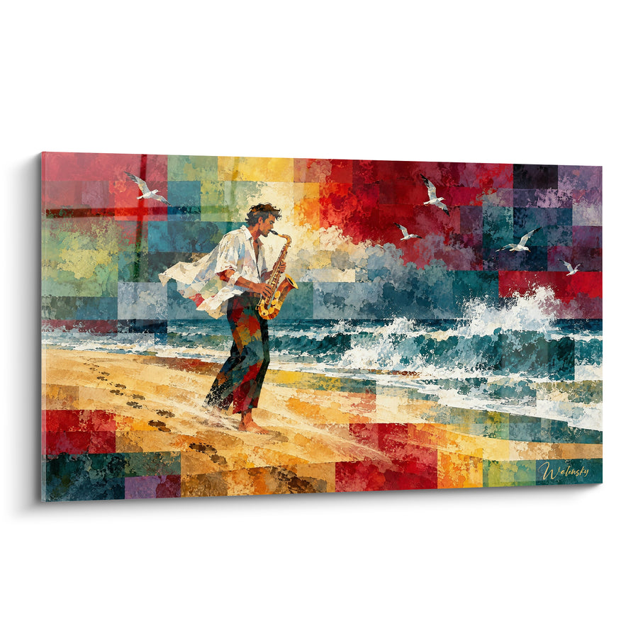 Tableau Saxophoniste pieds nus sur plage mosaïquée - Mélodie face aux vagues - Edition Saxophone