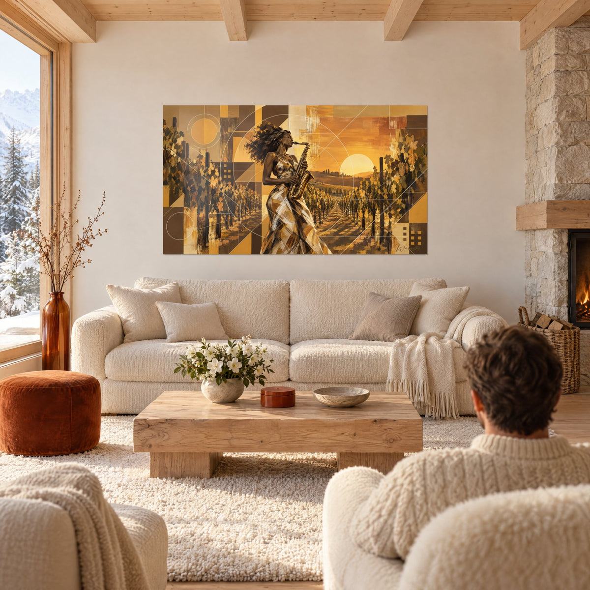 Tableau saxophoniste en robe dorée jouant entre les rangs de vigne, soleil ambre et brun profond, au-dessus d'un canapé dans un salon lumineux