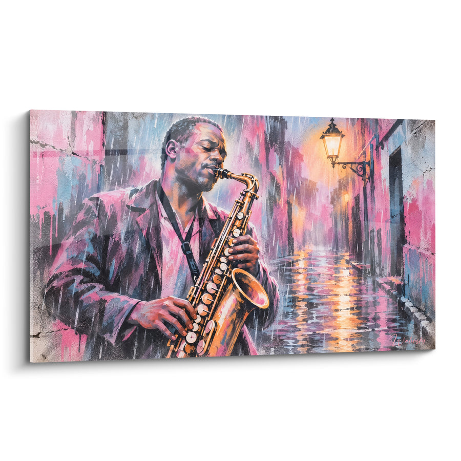 Tableau Musicien doré sous pluie rose - Nocturne pluvieuse - Edition Saxophone