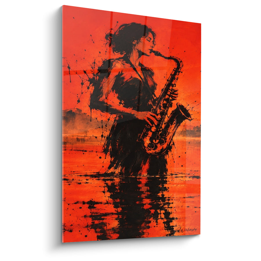 Tableau Musicienne noire silhouette immergée dans l'eau rouge - Reflet dans l'eau - Edition Saxophone