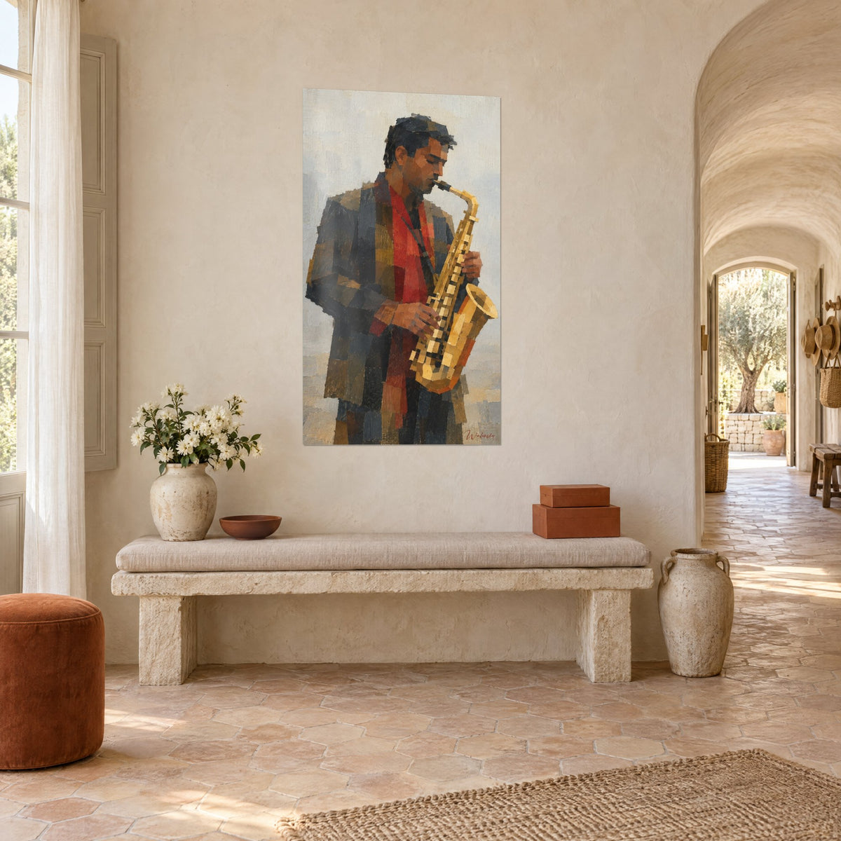 Tableau joueur de saxo aux yeux clos, touches de pinceau ocre et bleu ardoise, vu de trois-quarts dans un mas provençal