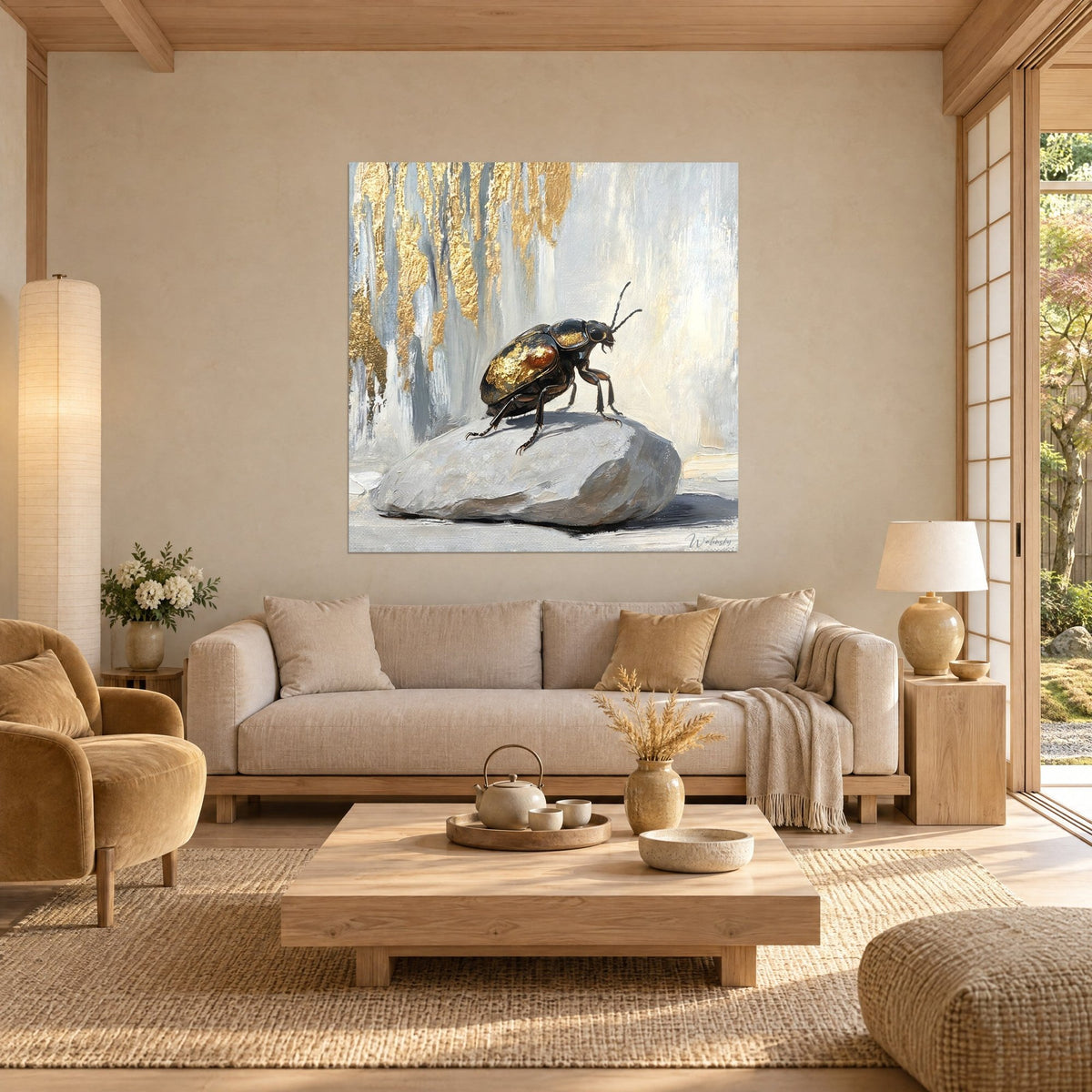 Wall art beetle with gold wing cases on a grey pebble, background of gold and silver drips, above a sofa in a bright living room