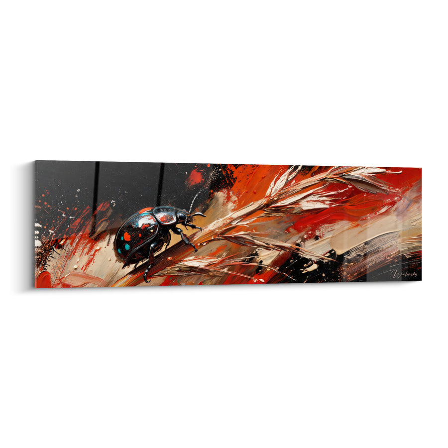 Tableau Scarabé noir moucheté sur épi de blé - Points turquoise et orange - Edition Scarabé