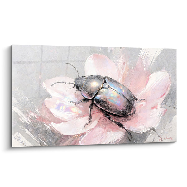 Tableau Scarabé irisé sur fleur rose pâle - Éclat sur pétale - Edition Scarabé